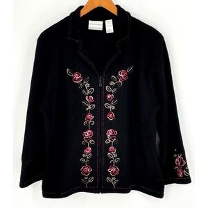 Alfred Dunner Womens PL Boiled Jacket Black Embroidered Floral 3/4 Sleeve READ
